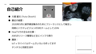 ԼB
 Խ ̫ (Yuta Okoshi)
 νUs
20205¤ѧY𼯤Τ˥ե`󥹤Ȥܞ
ͬr˥ϥƥӥSRE`ȤJOIN
 HowTVǤʤ£
AWSΥ꥽`ʤ˥եܤ
 Ȥζ
IoT  ХХ륲`ǤäƤޤ
ͬ
2
 