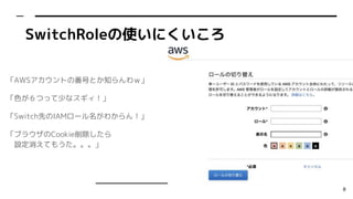 SwitchRoleʹˤ
AWSȤηŤȤ֪
ɫĤä٤ʥ
SwitchȤIAM`狼󣡡
֥饦Cookie
OƤ⤦
8
 