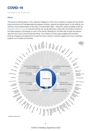 COVID-19
Last review on Thu 23 July 2020
About
This dynamic briefing draws on the collective intelligence of the Forum network to explore the key trends,
interconnections and interdependencies between industry, regional and global issues. In the briefing, you
will find a visual representation of this topic (Transformation Map – interactive version available online via
intelligence.weforum.org ), an overview and the key trends affecting it, along with summaries and links to
the latest research and analysis on each of the trends. Briefings for countries also include the relevant
data from the Forum’s benchmarking indices. The content is continuously updated with the latest
thinking of leaders and experts from across the Forum network, and with insights from Forum meetings,
projects communities and activities.
2
COVID-19 Briefing, September 2020
 