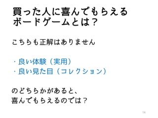 買った人に喜んでもらえる
ボードゲームとは？
こちらも正解はありません
・良い体験（実用）
・良い見た目（コレクション）
のどちらかがあると、
喜んでもらえるのでは？
14
 
