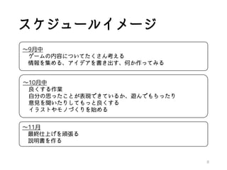 スケジュールイメージ
8
～9月中
ゲームの内容についてたくさん考える
情報を集める、アイデアを書き出す、何か作ってみる
～10月中
良くする作業
自分の思ったことが表現できているか、遊んでもらったり
意見を聞いたりしてもっと良くする
イラストやモノづくりを始める
～11月
最終仕上げを頑張る
説明書を作る
 