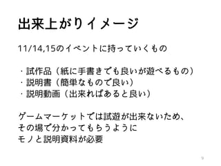 出来上がりイメージ
11/14,15のイベントに持っていくもの
・試作品（紙に手書きでも良いが遊べるもの）
・説明書（簡単なもので良い）
・説明動画（出来ればあると良い）
ゲームマーケットでは試遊が出来ないため、
その場で分かってもらうように
モノと説明資料が必要
9
 
