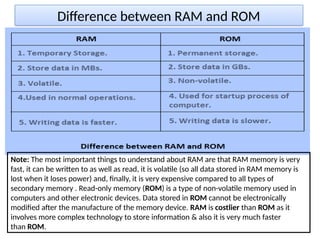Difference between RAM and ROM
Note: The most important things to understand about RAM are that RAM memory is very
fast, it can be written to as well as read, it is volatile (so all data stored in RAM memory is
lost when it loses power) and, finally, it is very expensive compared to all types of
secondary memory . Read-only memory (ROM) is a type of non-volatile memory used in
computers and other electronic devices. Data stored in ROM cannot be electronically
modified after the manufacture of the memory device. RAM is costlier than ROM as it
involves more complex technology to store information & also it is very much faster
than ROM.
 