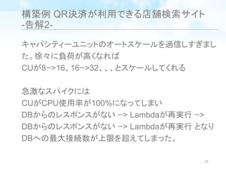 構築例 QR決済が利用できる店舗検索サイト
-告解2-
キャパシティーユニットのオートスケールを過信しすぎまし
た。徐々に負荷が高くなれば
CUが8ｰ>16、16ｰ>32、、、とスケールしてくれる
急激なスパイクには
CUがCPU使用率が100%になってしまい
DBからのレスポンスがない ｰ> Lambdaが再実行 ｰ>
DBからのレスポンスがない ｰ> Lambdaが再実行 となり
DBへの最大接続数が上限を超えてしまった。
22
 