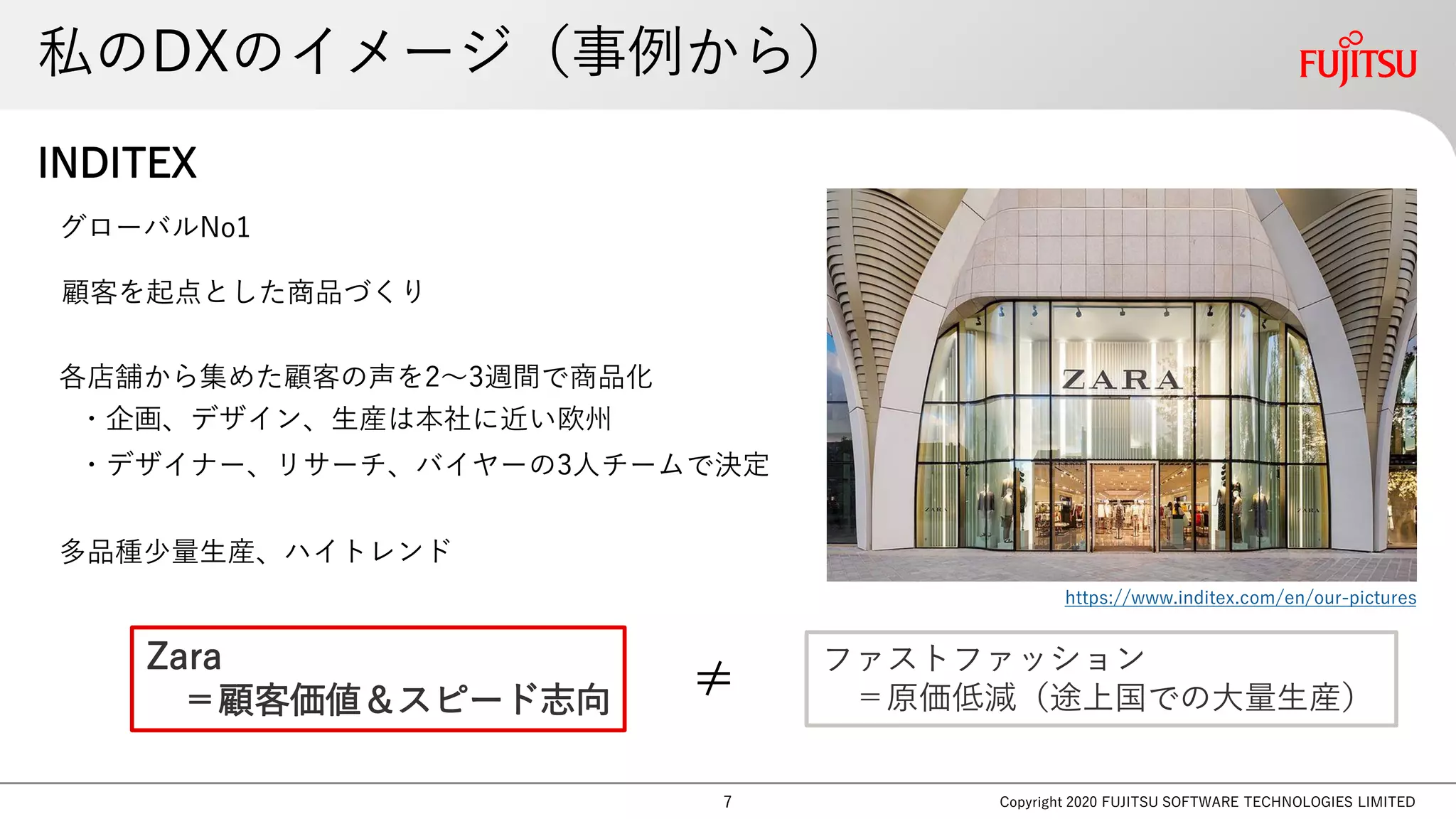 私のDXのイメージ（事例から）
Copyright 2020 FUJITSU SOFTWARE TECHNOLOGIES LIMITED
https://www.inditex.com/en/our-pictures
各店舗から集めた顧客の声を2～3週間で商品化
・企画、デザイン、生産は本社に近い欧州
・デザイナー、リサーチ、バイヤーの3人チームで決定
多品種少量生産、ハイトレンド
グローバルNo1
顧客を起点とした商品づくり
ファストファッション
＝原価低減（途上国での大量生産）
Zara
＝顧客価値＆スピード志向 ≠
7
INDITEX
 