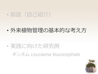 • 前説（自己紹介）
• 外来植物管理の基本的な考え方
• 実践に向けた研究例
ギンネム Leucaena leucocephala
 
