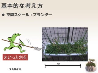 基本的な考え方
1m
● 空間スケール：プランター
えいっと刈る
ダ鳥獣ギ画
 