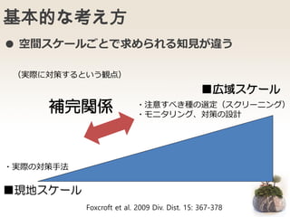 基本的な考え方
■現地スケール
■広域スケール
● 空間スケールごとで求められる知見が違う
Foxcroft et al. 2009 Div. Dist. 15: 367-378
・注意すべき種の選定（スクリーニング）
・モニタリング、対策の設計
・実際の対策手法
補完関係
（実際に対策するという観点）
 
