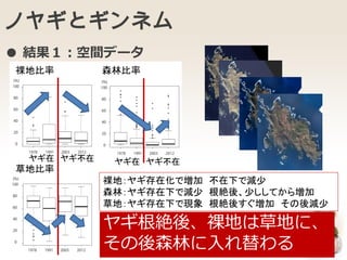 ノヤギとギンネム
裸地：ヤギ存在化で増加 不在下で減少
森林：ヤギ存在下で減少 根絶後、少ししてから増加
草地：ヤギ存在下で現象 根絶後すぐ増加 その後減少
ヤギ根絶後、裸地は草地に、
その後森林に入れ替わる
● 結果１：空間データ
裸地比率 森林比率
草地比率
ヤギ在 ヤギ不在 ヤギ在 ヤギ不在
 