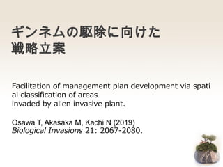 ギンネムの駆除に向けた
戦略立案
Facilitation of management plan development via spati
al classification of areas
invaded by alien invasive plant.
Osawa T, Akasaka M, Kachi N (2019)
Biological Invasions 21: 2067-2080.
 