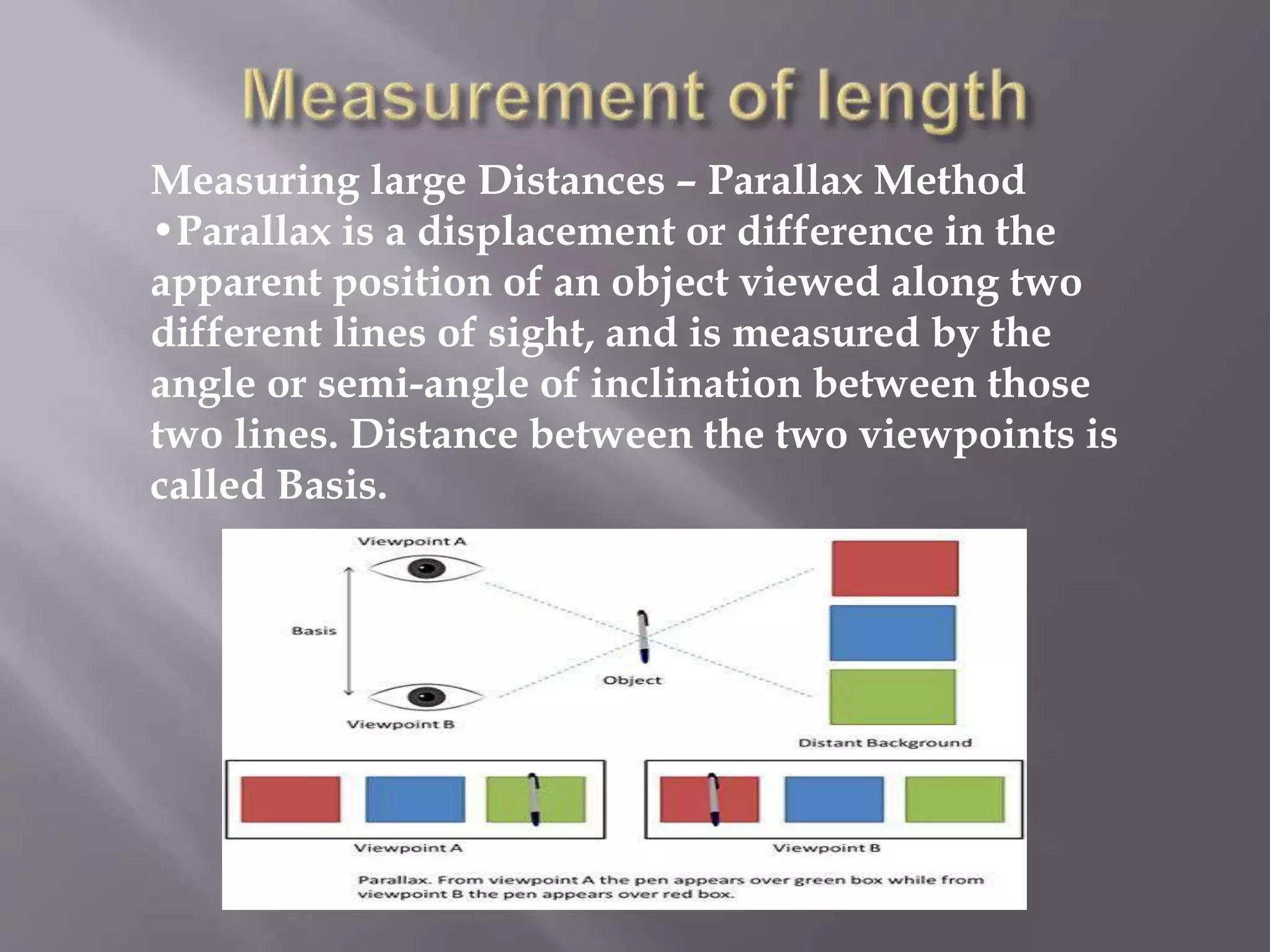 Measuring large Distances – Parallax Method
•Parallax is a displacement or difference in the
apparent position of an object viewed along two
different lines of sight, and is measured by the
angle or semi-angle of inclination between those
two lines. Distance between the two viewpoints is
called Basis.
 