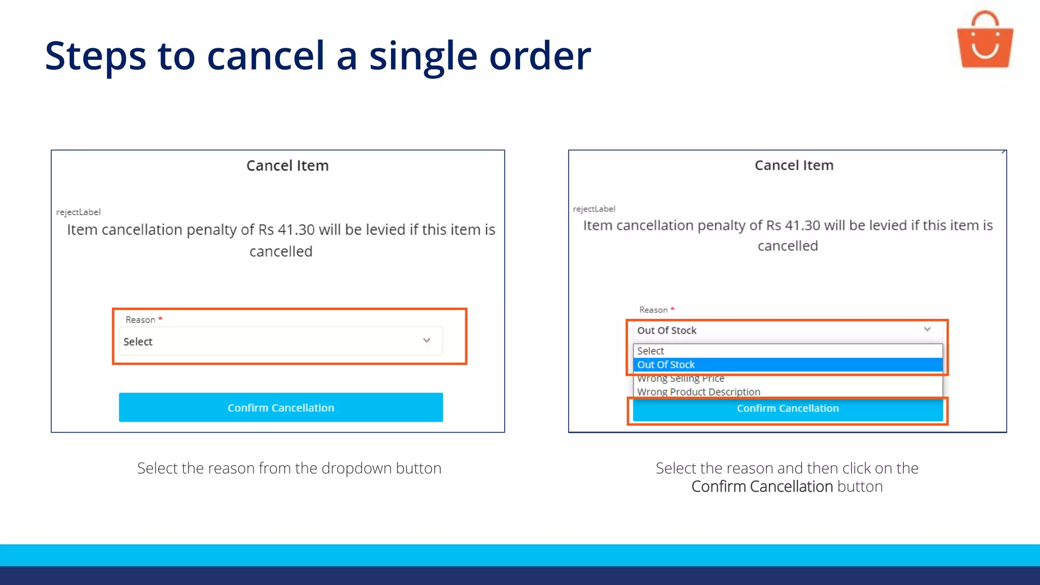 Steps to cancel a single order
Select the reason from the dropdown button Select the reason and then click on the
Confirm Cancellation button
 