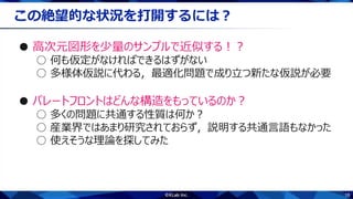 16
この絶望的な状況を打開するには？
● 高次元図形を少量のサンプルで近似する！？
○ 何も仮定がなければできるはずがない
○ 多様体仮説に代わる，最適化問題で成り立つ新たな仮説が必要
● パレートフロントはどんな構造をもっているのか？
○ 多くの問題に共通する性質は何か？
○ 産業界ではあまり研究されておらず，説明する共通言語もなかった
○ 使えそうな理論を探してみた
 