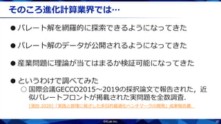 30
そのころ進化計算業界では…
●パレート解を網羅的に探索できるようになってきた
●パレート解のデータが公開されるようになってきた
●産業問題に理論が当てはまるか検証可能になってきた
●というわけで調べてみた
○ 国際会議GECCO2015～2019の採択論文で報告された，近
似パレートフロントが掲載された実問題を全数調査．
[濱田 2020]「実践と数理に根ざした多目的最適化ベンチマークの開発」成果報告書．
 
