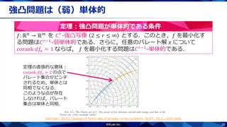 39
強凸問題は（弱）単体的
𝑓: ℝ 𝑛
→ ℝ 𝑚
を 𝐶 𝑟
-強凸写像 2 ≤ 𝑟 ≤ ∞ とする．このとき，𝑓 を最小化す
る問題は𝐶 𝑟−1
-弱単体的である．さらに，任意のパレート解 𝑥 について
corank 𝑑𝑓𝑥 = 1 ならば， 𝑓 を最小化する問題は𝐶 𝑟−1-単体的である．
定理：強凸問題が単体的である条件
[Hamada+ 2020] Topology of Pareto sets of strongly convex problems. SIOPT, 30(3), 2659-2686.
定理の直感的な意味：
corank 𝑑𝑓𝑥 = 2 の点で
パレート集合がピンチ
されるため，単体とは
同相でなくなる．
このような点が存在
しなければ，パレート
集合は単体と同相．
 