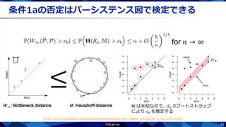 53
条件1aの否定はパーシステンス図で検定できる
𝑾∞: Bottleneck distance 𝑯: Hausdorff distance
≤
for 𝑛 → ∞
2𝑐 𝑏
2𝑐 𝑏
𝕄 は未知なので、𝑆 𝑛 のブートストラップ
により 𝑐 𝑏 を推定する
[Fasy+ 2014] Confidence sets for persistence diagrams. Ann. Statist. Vol. 42, No. 6, pp. 2301-2339.
 
