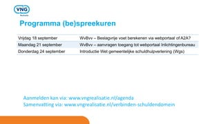 Programma (be)spreekuren
Vrijdag 18 september WvBvv – Beslagvrije voet berekenen via webportaal of A2A?
Maandag 21 septemb...