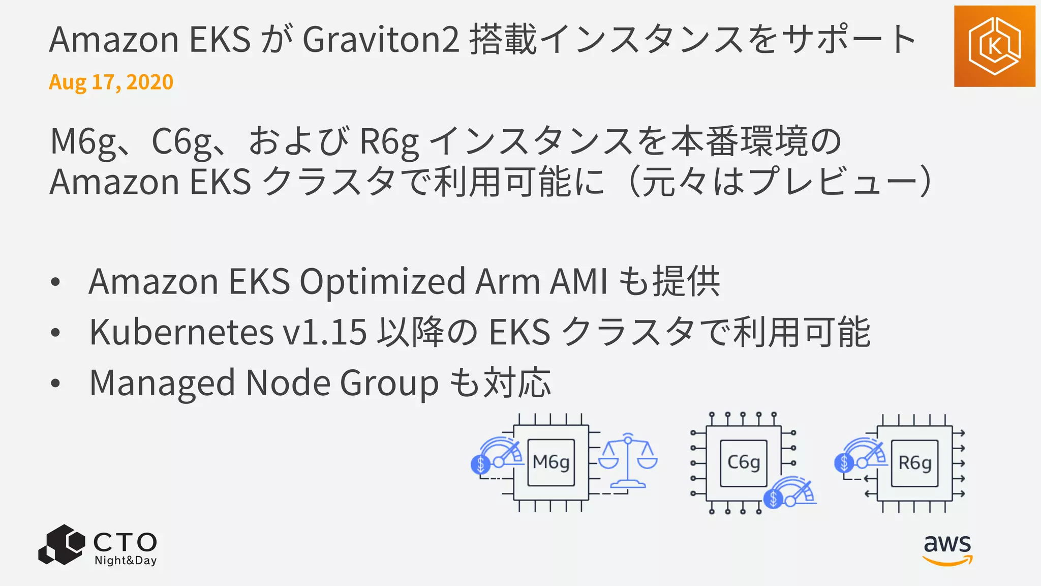Amazon EKS が Graviton2 搭載インスタンスをサポート
M6g、C6g、および R6g インスタンスを本番環境の
Amazon EKS クラスタで利⽤可能に（元々はプレビュー）
• Amazon EKS Optimized Arm AMI も提供
• Kubernetes v1.15 以降の EKS クラスタで利⽤可能
• Managed Node Group も対応
Aug 17, 2020
 