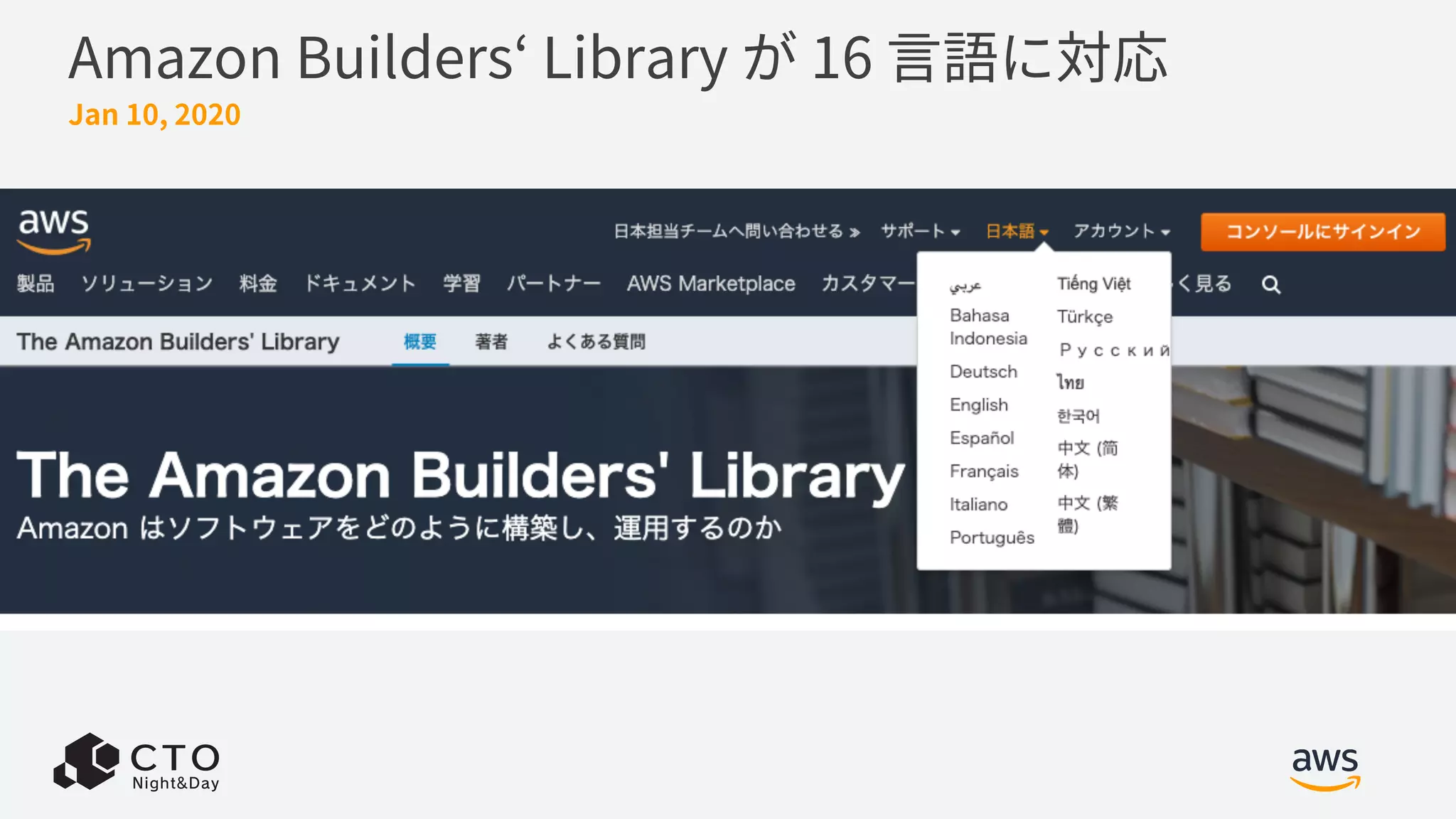 Amazon Builders‘ Library が 16 ⾔語に対応
Jan 10, 2020
 