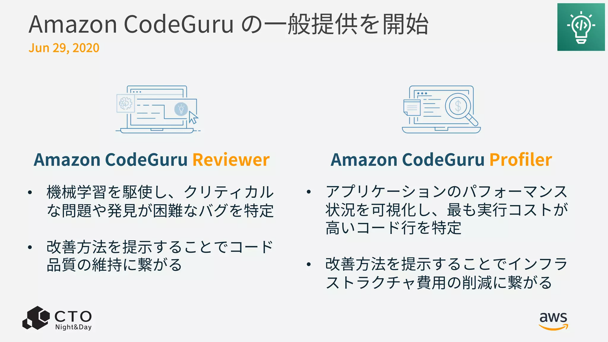 Amazon CodeGuru の⼀般提供を開始
Jun 29, 2020
Amazon CodeGuru ProfilerAmazon CodeGuru Reviewer
• アプリケーションのパフォーマンス
状況を可視化し、最も実⾏コストが
⾼いコード⾏を特定
• 改善⽅法を提⽰することでインフラ
ストラクチャ費⽤の削減に繋がる
• 機械学習を駆使し、クリティカル
な問題や発⾒が困難なバグを特定
• 改善⽅法を提⽰することでコード
品質の維持に繋がる
 
