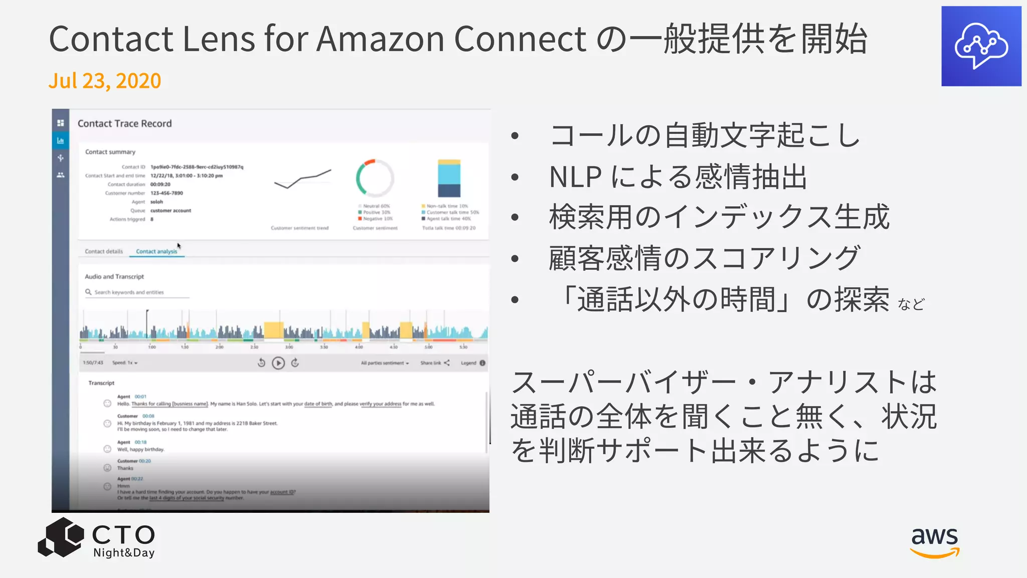 Contact Lens for Amazon Connect の⼀般提供を開始
Jul 23, 2020
• コールの⾃動⽂字起こし
• NLP による感情抽出
• 検索⽤のインデックス⽣成
• 顧客感情のスコアリング
• 「通話以外の時間」の探索 など
スーパーバイザー・アナリストは
通話の全体を聞くこと無く、状況
を判断サポート出来るように
 