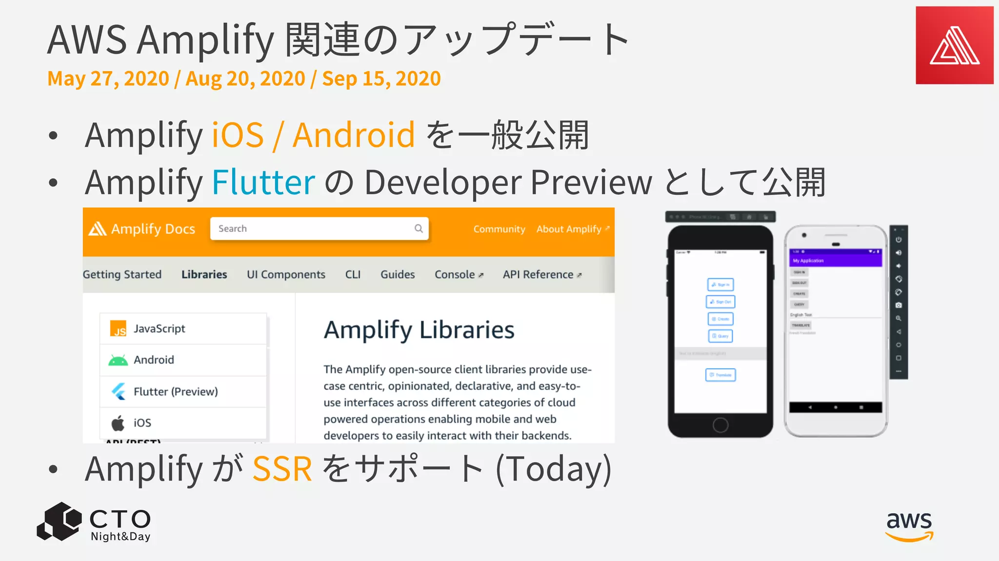 AWS Amplify 関連のアップデート
• Amplify iOS / Android を⼀般公開
• Amplify Flutter の Developer Preview として公開
• Amplify が SSR をサポート (Today)
May 27, 2020 / Aug 20, 2020 / Sep 15, 2020
 