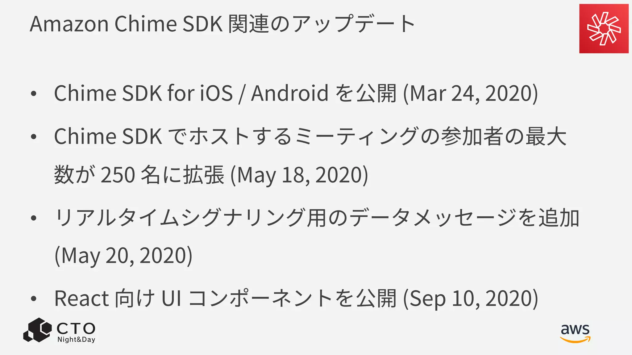 Amazon Chime SDK 関連のアップデート
• Chime SDK for iOS / Android を公開 (Mar 24, 2020)
• Chime SDK でホストするミーティングの参加者の最⼤
数が 250 名に拡張 (May 18, 2020)
• リアルタイムシグナリング⽤のデータメッセージを追加
(May 20, 2020)
• React 向け UI コンポーネントを公開 (Sep 10, 2020)
 