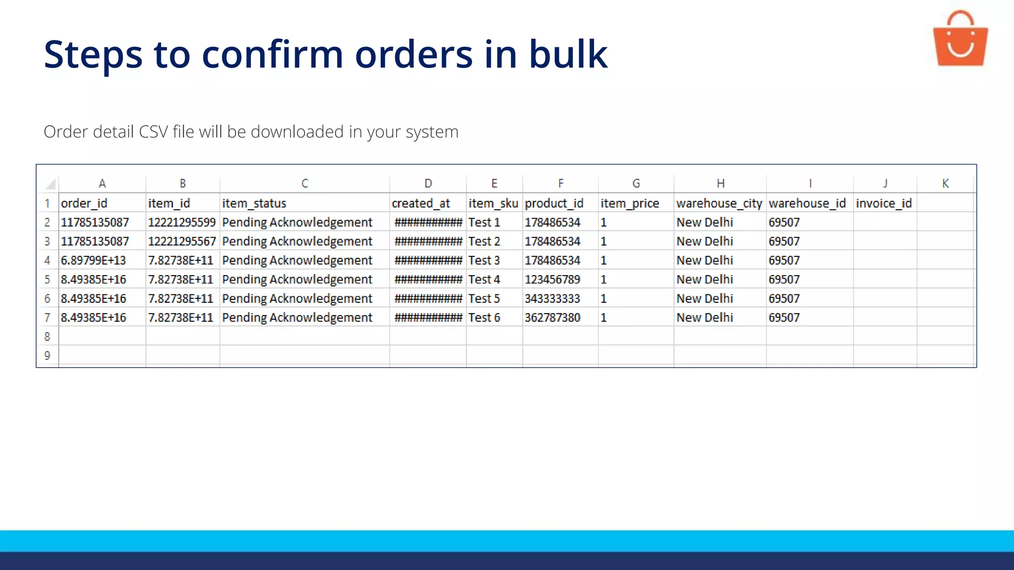 Steps to confirm orders in bulk
Order detail CSV file will be downloaded in your system
 