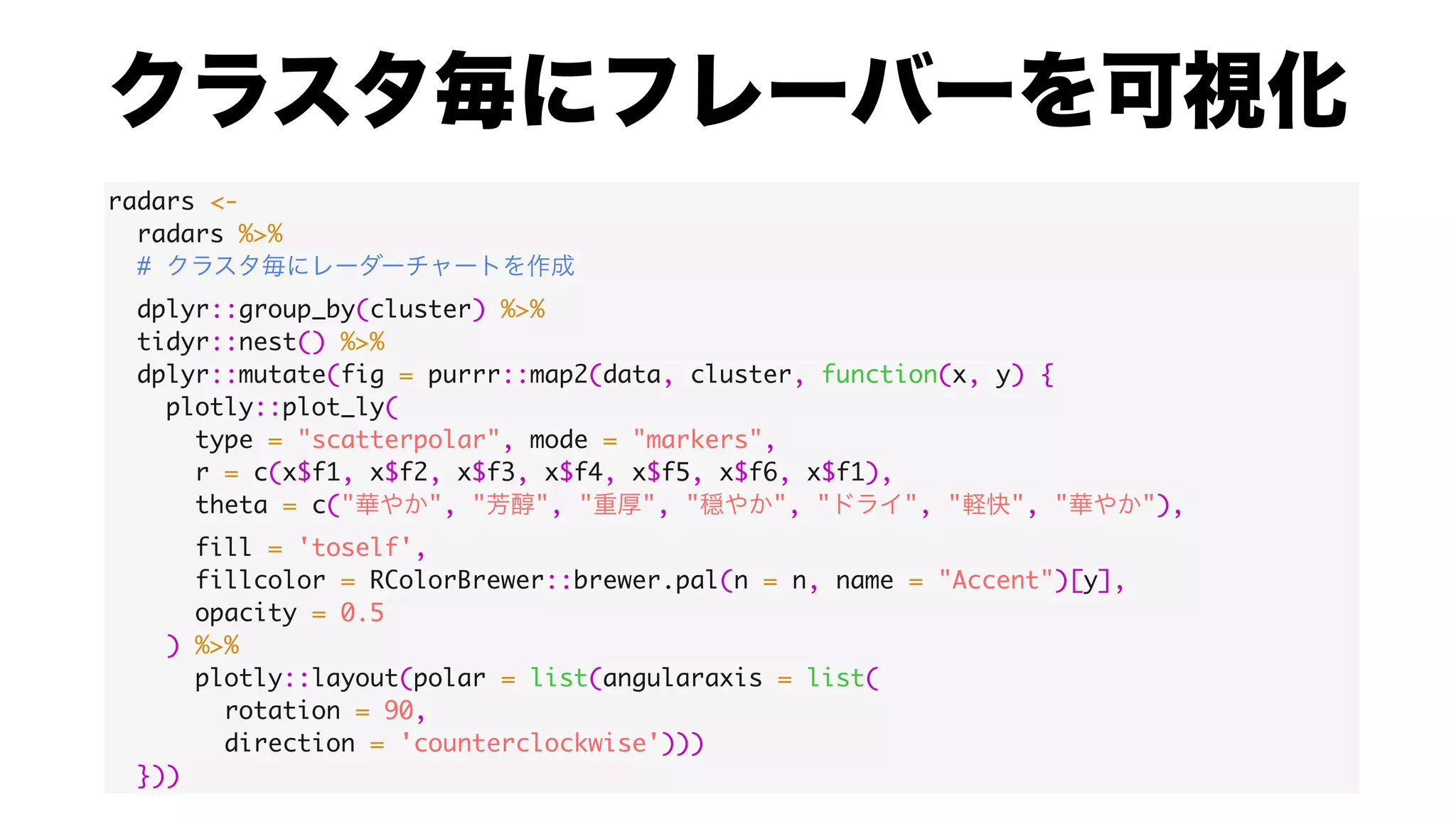 radars <-
radars %>%
#
dplyr::group_by(cluster) %>%
tidyr::nest() %>%
dplyr::mutate(fig = purrr::map2(data, cluster, function(x, y) {
plotly::plot_ly(
type = "scatterpolar", mode = "markers",
r = c(x$f1, x$f2, x$f3, x$f4, x$f5, x$f6, x$f1),
theta = c(" ", " ", " ", " ", " ", " ", " "),
fill = 'toself',
fillcolor = RColorBrewer::brewer.pal(n = n, name = "Accent")[y],
opacity = 0.5
) %>%
plotly::layout(polar = list(angularaxis = list(
rotation = 90,
direction = 'counterclockwise')))
}))
 
