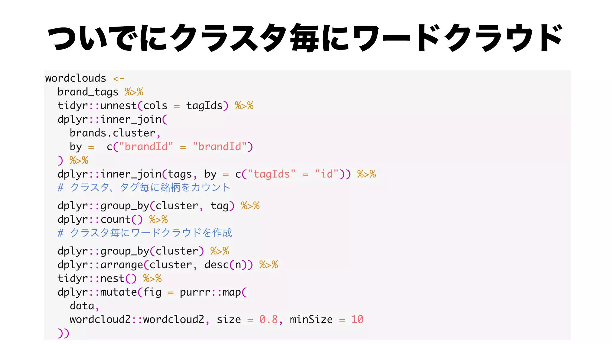 wordclouds <-
brand_tags %>%
tidyr::unnest(cols = tagIds) %>%
dplyr::inner_join(
brands.cluster,
by = c("brandId" = "brandId")
) %>%
dplyr::inner_join(tags, by = c("tagIds" = "id")) %>%
#
dplyr::group_by(cluster, tag) %>%
dplyr::count() %>%
#
dplyr::group_by(cluster) %>%
dplyr::arrange(cluster, desc(n)) %>%
tidyr::nest() %>%
dplyr::mutate(fig = purrr::map(
data,
wordcloud2::wordcloud2, size = 0.8, minSize = 10
))
 