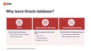 © Copyright EnterpriseDB Corporation, 2020. All rights reserved.6
Why leave Oracle database?
Oracle’s high licensing costs
• Many features now commoditized
• Painful contract terms
70% of new apps on open source
DBs
• Take control
• Increase innovation
• Reduce lock-in risks
Cloud/containers increasingly important
• Cloud provides new alternatives
• Often coupled with open source
Price Open Source Strategy Cloud/Replatforming
 