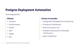 © Copyright EnterpriseDB Corporation, 2020. All rights reserved.22
Postgres Deployment Automation
Technology Decision
Choices
• Terraform
• CloudFormation
• Ansible
• Chef
• Puppet
• Salt
• Configuration Management Vs Provisioning
• Procedural Vs Declarative
• With local install or not
• Mutable Infrastructure Vs Immutable
Infrastructure
• Agent Vs Agentless
Factors to Consider
 