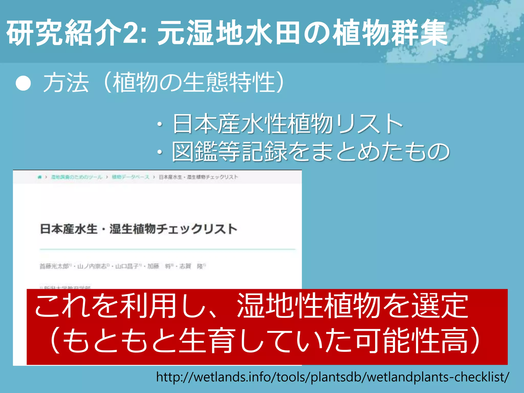 研究紹介2: 元湿地水田の植物群集
● 方法（植物の生態特性）
・日本産水性植物リスト
・図鑑等記録をまとめたもの
http://wetlands.info/tools/plantsdb/wetlandplants-checklist/
これを利用し、湿地性植物を選定
（もともと生育していた可能性高）
 