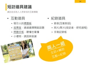 14
短訪道具建議
• 互動道具
• 吸引人的標題板
• 投票版，透過選擇開啟話題
• 問題手板，聽懂也看懂
• 小禮物，誘因與答謝
讓訪談成為人人想參加的互動體驗
• 紀錄道具
• 錄音(互動對話)
• 照片/影片(受訪者、研究過程)
• 手寫記錄板
 