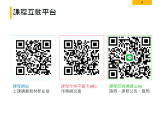 8
課程互動平台
課程網站
上課講義教材都在這
課程作業平臺 Trello
作業繳交處
課程即時溝通 Line
請假、課程公告、提問
 