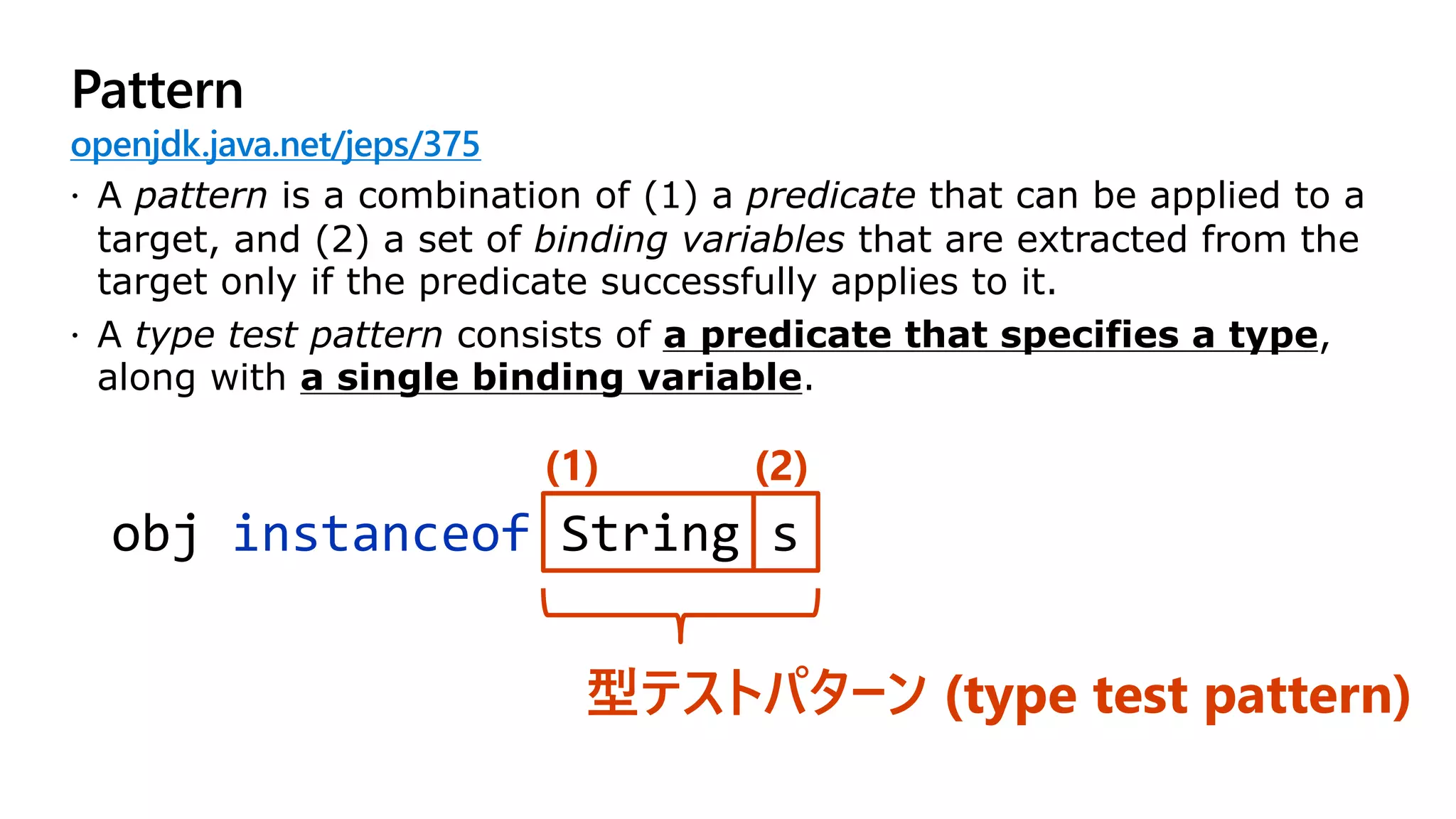 Pattern
openjdk.java.net/jeps/375
ž A pattern is a combination of (1) a predicate that can be applied to a
target, and (2) a set of binding variables that are extracted from the
target only if the predicate successfully applies to it.
ž A type test pattern consists of a predicate that specifies a type,
along with a single binding variable.
obj instanceof String s
(1) (2)
型テストパターン (type test pattern)
 