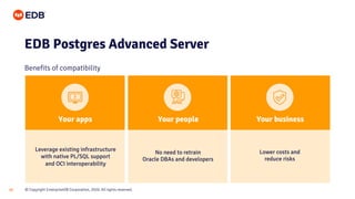© Copyright EnterpriseDB Corporation, 2020. All rights reserved.15
EDB Postgres Advanced Server
Benefits of compatibility
Leverage existing infrastructure
with native PL/SQL support
and OCI interoperability
No need to retrain
Oracle DBAs and developers
Lower costs and
reduce risks
Your apps Your people Your business
 