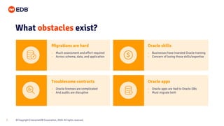 © Copyright EnterpriseDB Corporation, 2020. All rights reserved.7
What obstacles exist?
Migrations are hard Oracle skills
Troublesome contracts Oracle apps
• Much assessment and effort required
• Across schema, data, and application
• Businesses have invested Oracle training
• Concern of losing those skills/expertise
• Oracle licenses are complicated
• And audits are disruptive
• Oracle apps are tied to Oracle DBs
• Must migrate both
 