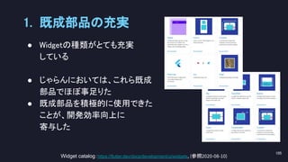 1. 既成部品の充実 
105 
● Widgetの種類がとても充実 
している 
 
● じゃらんにおいては、これら既成
部品でほぼ事足りた 
● 既成部品を積極的に使用できた
ことが、開発効率向上に 
寄与した 
 
Widget catalog：https://flutter.dev/docs/development/ui/widgets, (参照2020-08-10)
 