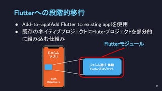 Flutterへの段階的移行 
● Add-to-app(Add Flutter to existing app)を使用 
● 既存のネイティブプロジェクトにFluterプロジェクトを部分的
に組み込む仕組み 
 
21 
じゃらん 
アプリ 
Swift 
Objective-c 
じゃらん遊び・体験  
Flutterプロジェクト 
Flutterモジュール 
 