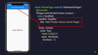 25 
class HomePage extends StatelessWidget {
@override
Widget build(BuildContext context) {
return Scaffold(
appBar: AppBar(
title: Text('Flutter Demo Home Page'),
),
body: Center(
child: Text(
'Hello iOSDC!!',
style: TextStyle(
fontSize: 30,
),
...
 