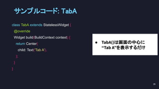 class TabA extends StatelessWidget {
@override
Widget build(BuildContext context) {
return Center(
child: Text('Tab A'),
);
}
}
● TabA()は画面の中心に
“Tab A”を表示するだけ
サンプルコード: TabA 
35 
 
