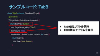 class TabB extends StatelessWidget {
@override
Widget build(BuildContext context) {
return ListView.builder(
key: PageStorageKey('TabB'),
itemCount: 1000,
itemBuilder: (BuildContext context, int index) {
return ListTile(
title: Text('Item $index'),
);
...
● TabB()はリストを保持
● 1000個のアイテムを表示
サンプルコード: TabB 
36 
 