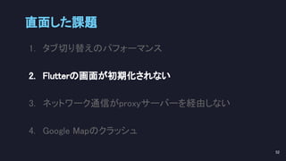 直面した課題 
52 
1. タブ切り替えのパフォーマンス 
2. Flutterの画面が初期化されない 
3. ネットワーク通信がproxyサーバーを経由しない 
4. Google Mapのクラッシュ 
 