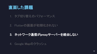 直面した課題 
85 
1. タブ切り替えのパフォーマンス 
2. Flutterの画面が初期化されない 
3. ネットワーク通信がproxyサーバーを経由しない 
4. Google Mapのクラッシュ 
 