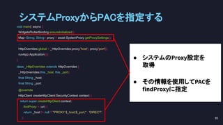 void main() async {
WidgetsFlutterBinding.ensureInitialized();
Map<String, String> proxy = await SystemProxy.getProxySettings();
...
HttpOverrides.global = _HttpOverrides(proxy['host'], proxy['port']);
runApp(Application());
}
class _HttpOverrides extends HttpOverrides {
_HttpOverrides(this._host, this._port);
final String _host;
final String _port;
@override
HttpClient createHttpClient(SecurityContext context) {
return super.createHttpClient(context)
..findProxy = (uri) {
return _host != null ? "PROXY $_host:$_port;" : 'DIRECT';
};
● システムのProxy設定を
取得
● その情報を使用してPACを
findProxyに指定
システムProxyからPACを指定する 
95 
 