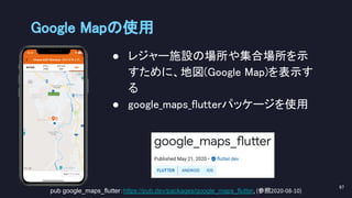 Google Mapの使用 
● レジャー施設の場所や集合場所を示
すために、地図(Google Map)を表示す
る 
● google_maps_flutterパッケージを使用 
97 
pub google_maps_flutter：https://pub.dev/packages/google_maps_flutter, (参照2020-08-10)
 