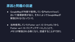原因と問題の回避 
● GoogleMapが内部で使用しているPlatformViewに 
おいて循環参照があり、それによってGoogleMapが 
解放されなくなっていた 
 
● 当時使用していたFlutter ver1.12.13+hotfix.7から 
Flutter ver1.15.17にアップデートしたことで、 
メモリが解放される様になり、回避することができた 
 
 
99 
 