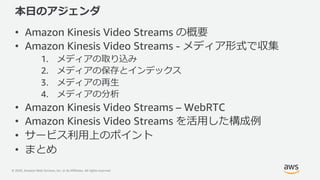 © 2020, Amazon Web Services, Inc. or its Affiliates. All rights reserved.
本⽇のアジェンダ
• Amazon Kinesis Video Streams の概要
• Am...