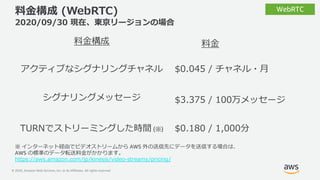 © 2020, Amazon Web Services, Inc. or its Affiliates. All rights reserved.
料⾦構成 (WebRTC)
2020/09/30 現在、東京リージョンの場合
料⾦構成 料⾦
ア...